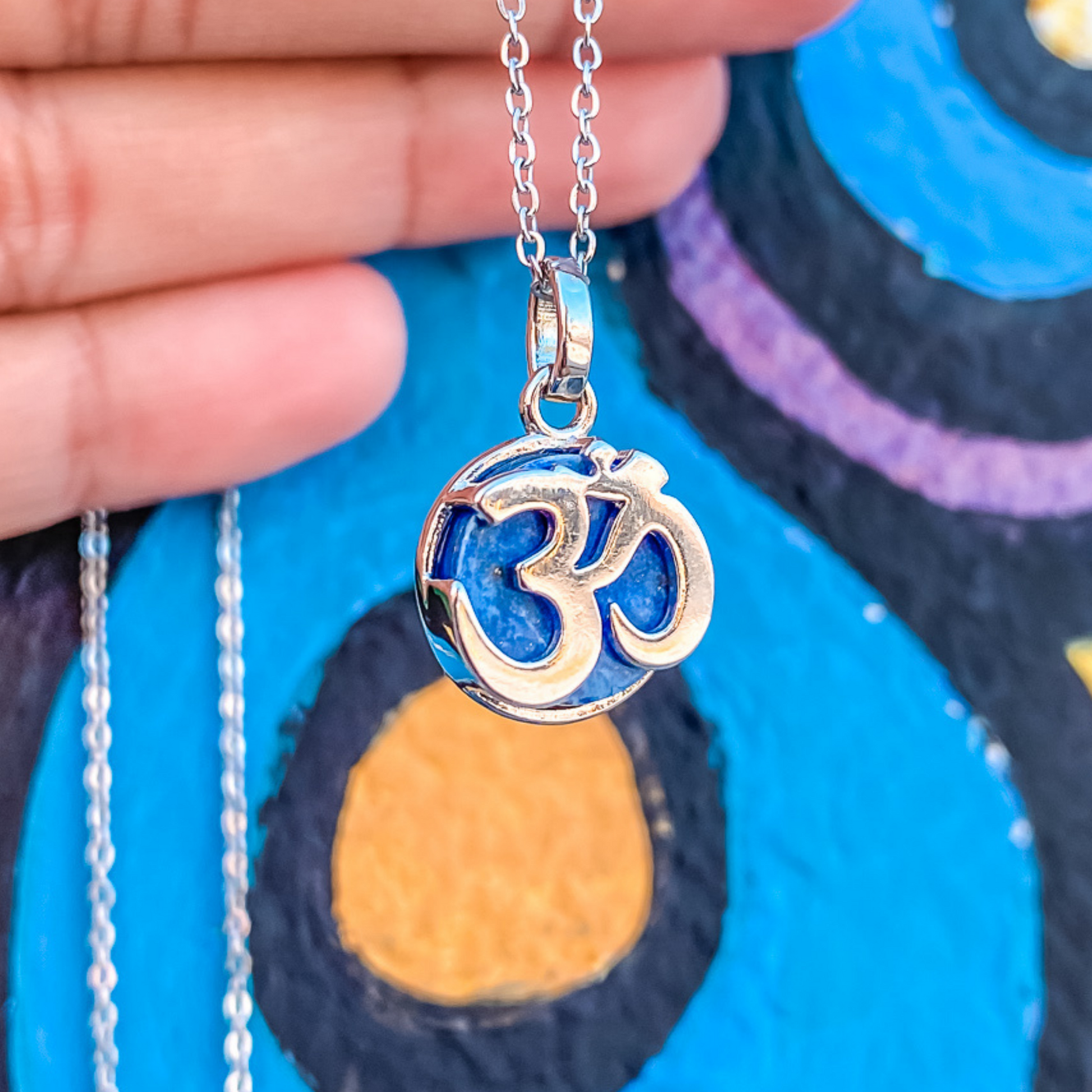 Om Yoga necklace with the third chakra gemstone crystal, Blue Crystal, Lapis Lazuli. Made by Born to Rock Jewelry