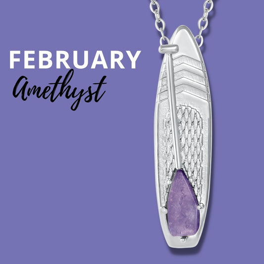 Looking for places to buy or rent a paddle board? This stand up paddle board pendant will be the best and highest performance SUP you'll ever find. Take your paddle board with you, even when you're not surfing, racing or touring. Shop February's birthstone SUP jewelry online or at a surf shop near you.