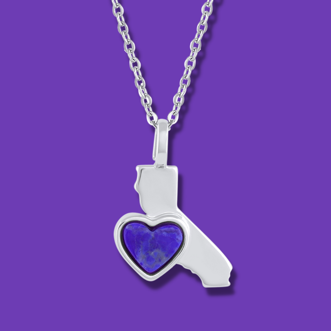 Silver Plated California State Pendant Necklace with a heart shaped Purple Natural Howlite gemstone. Made by Born to Rock. nline Jewelry store based in San Diego California