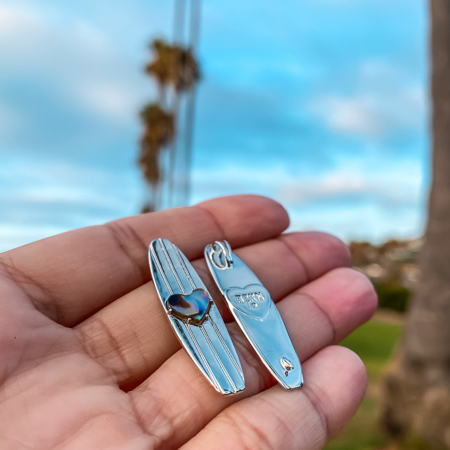 Longboard Surfboard Charm Necklace in Abalone Shell