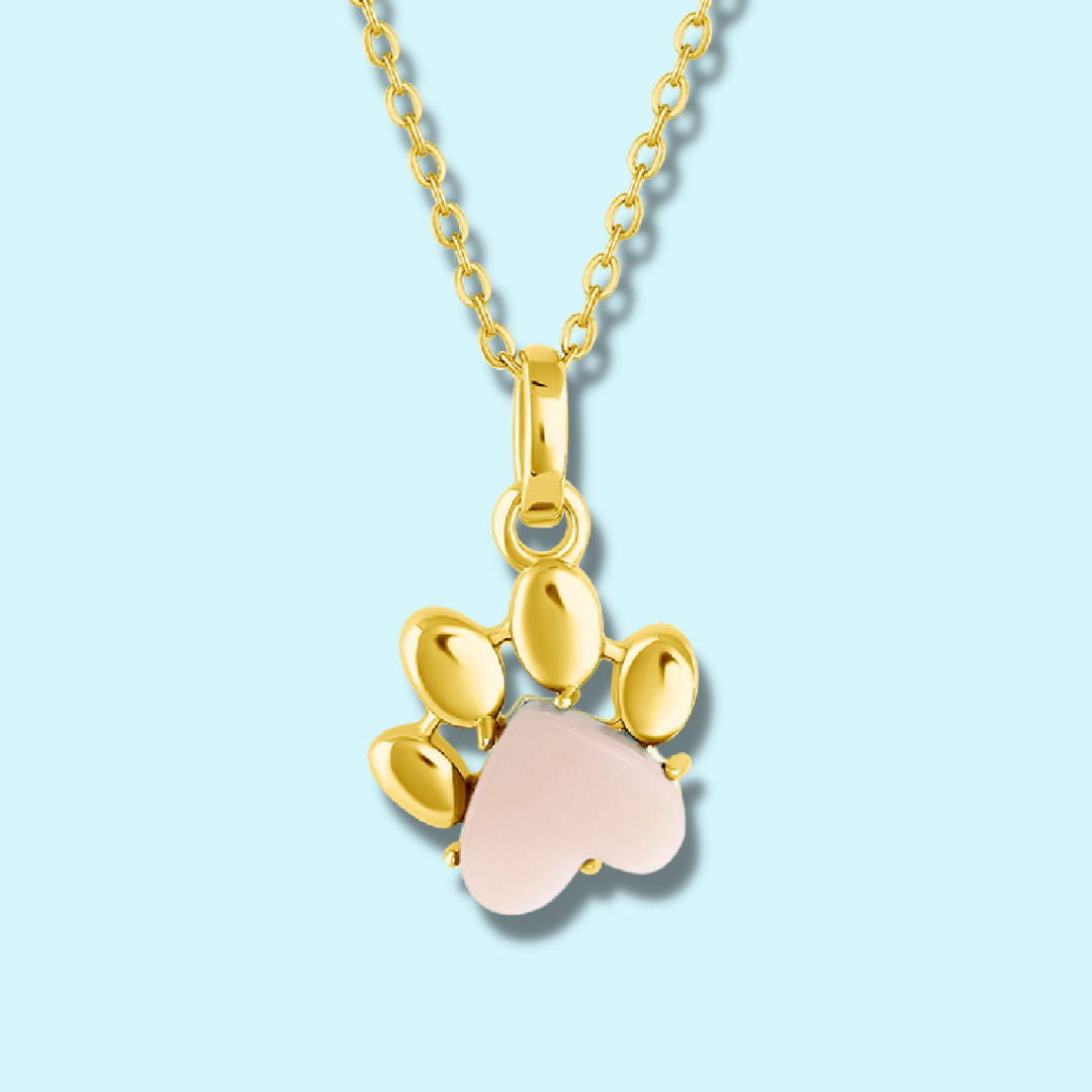Pet Paw Charm Necklace in heart shaped mother-of-pearl gemstone. Best gift for pet moms and pet lovers. Made by Born to Rock Jewelry
