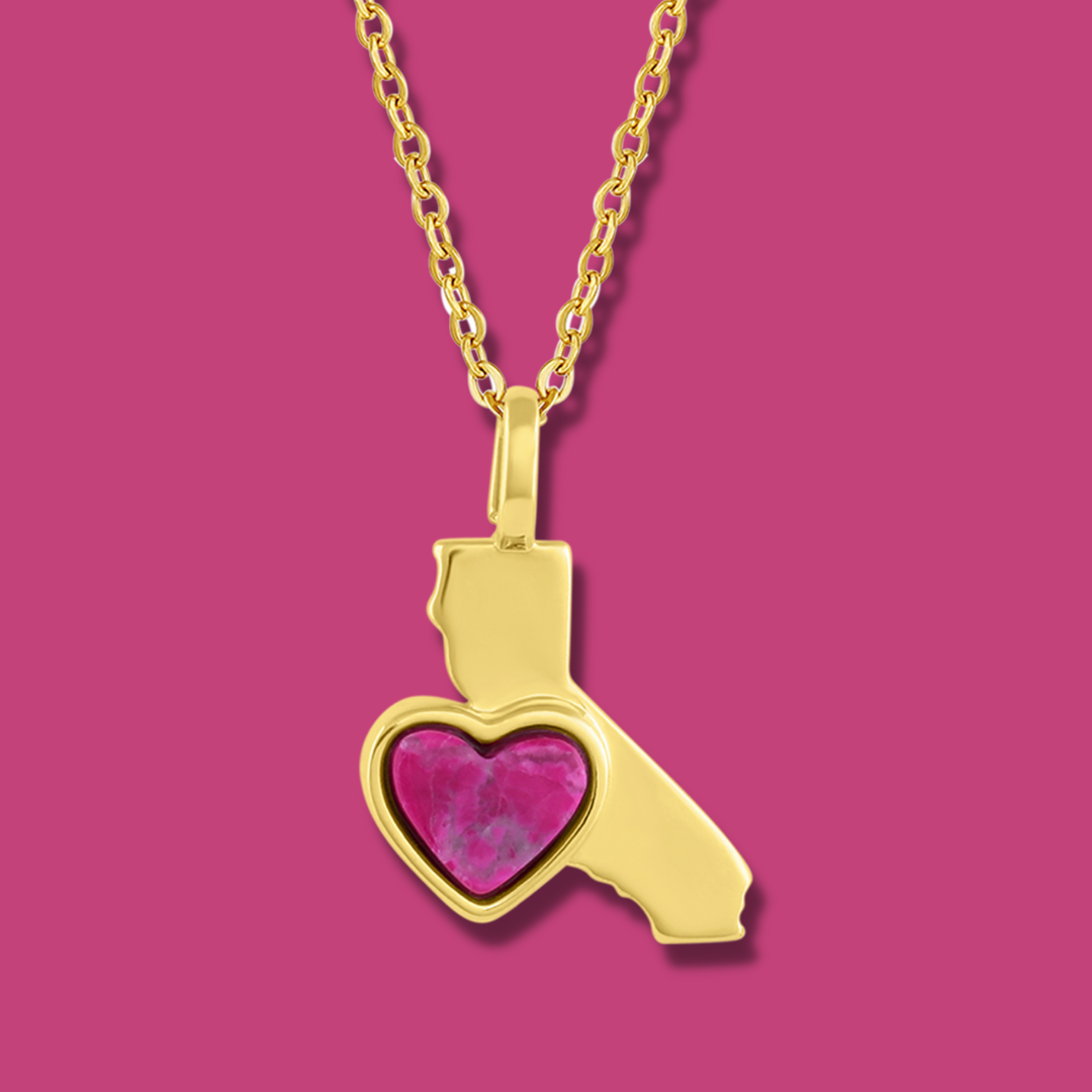 18Kt Yellow Gold Plated California State Pendant Necklace with a heart shaped Pink Howlite  natural gemstone  made by Born to Rock. Online Jewelry Store based in San Diego California