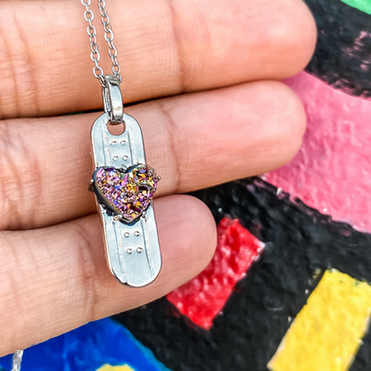 silver plated skateboard charm necklace with a multicolor crystal druzy by born to rock jewelry