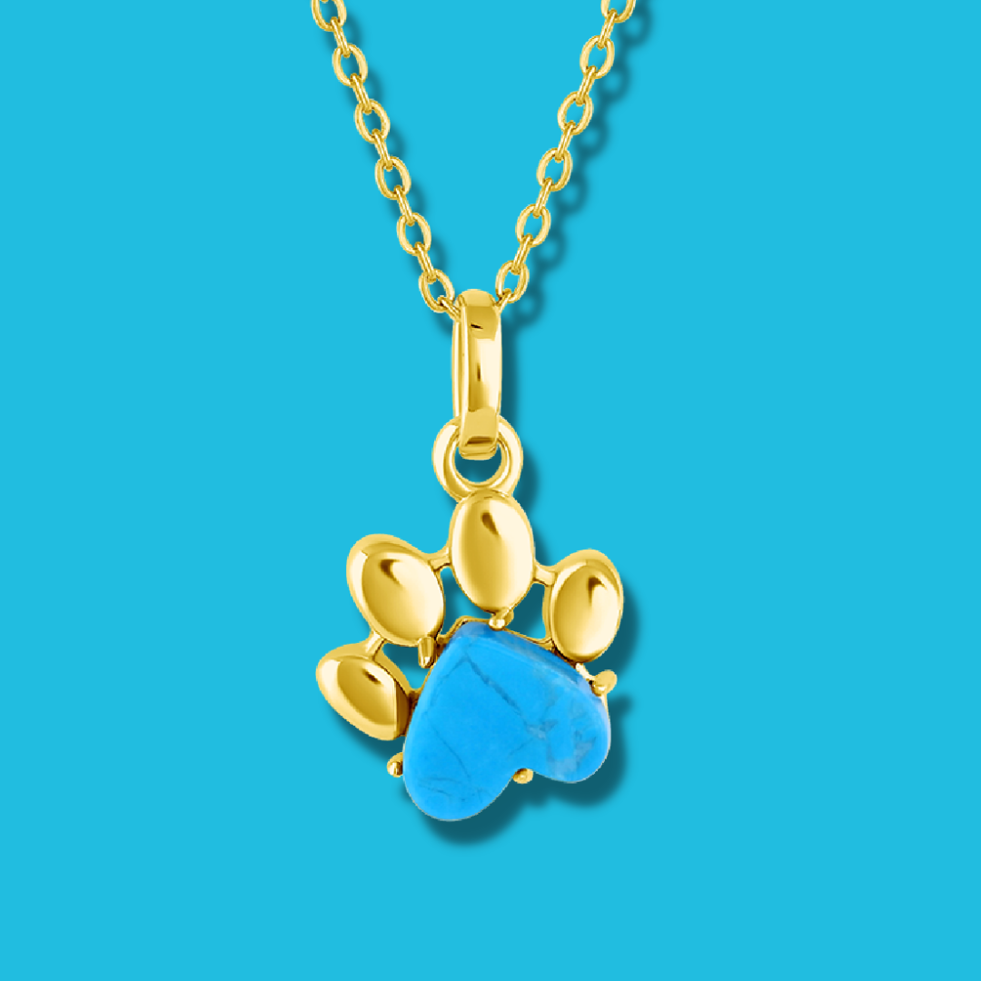 Pet Paw Charm Necklace in heart shaped turquoise gemstone. Best gift for pet moms and pet lovers. Made by Born to Rock Jewelry