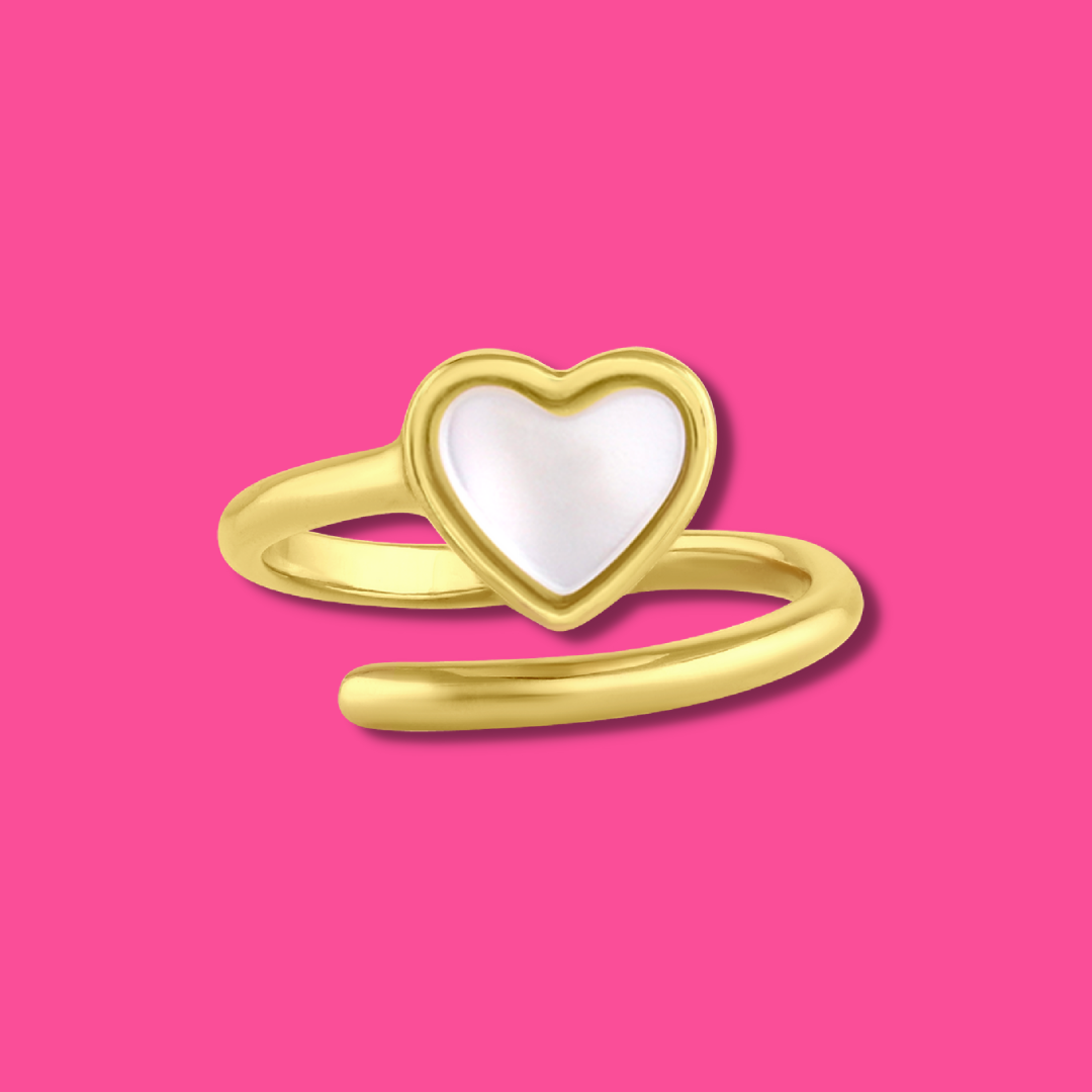 Yellow gold adjustable ring with a heart shaped mother-of-pearl. Wedding and bridal jewelry. Great gift for brides, bridesmaid and maid of honor. Made by  Born to Rock. Online Jewelry store based in San Diego California