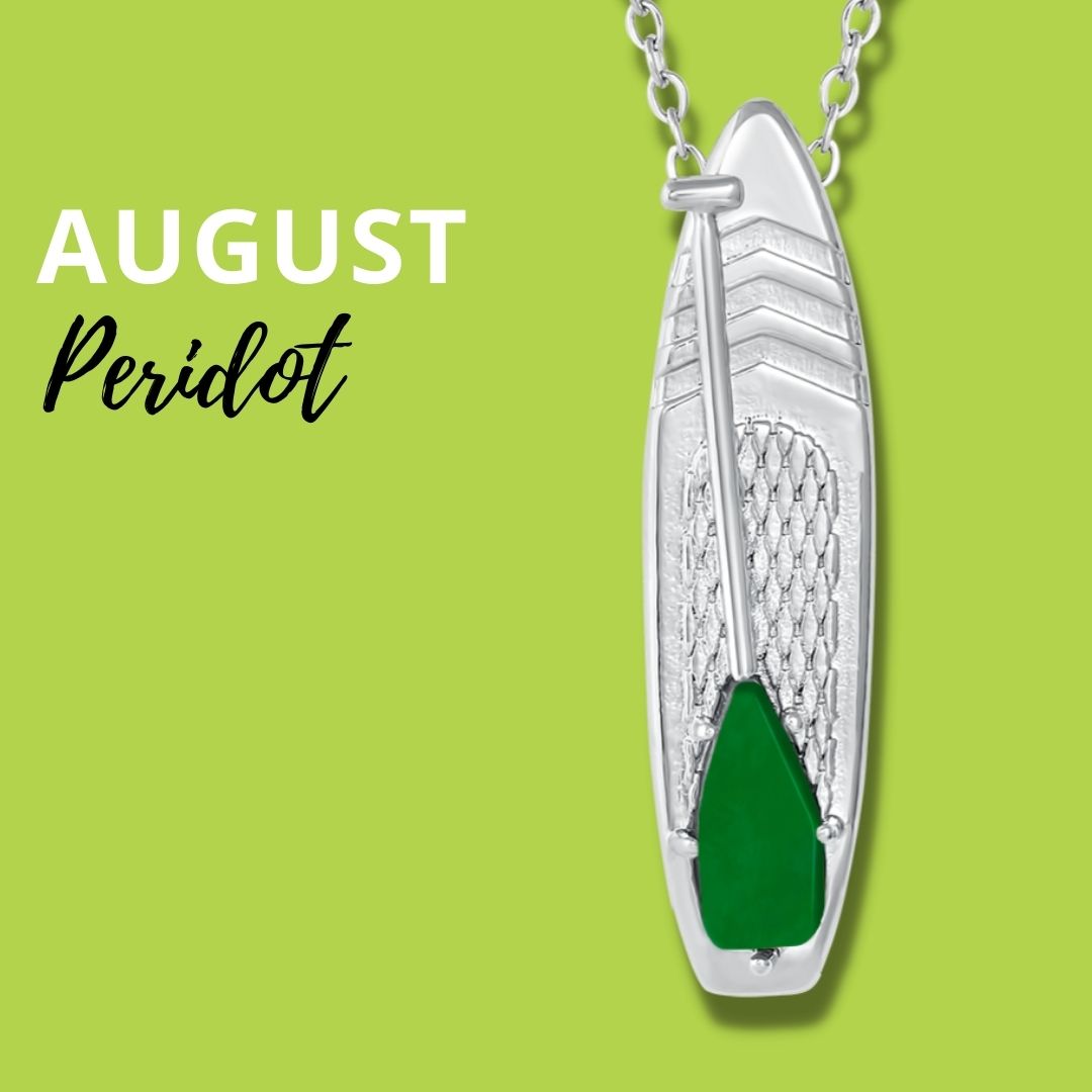 Looking for places to buy or rent a paddle board? This stand up paddle board pendant will be the best and highest performance SUP you'll ever find. Take your paddle board with you, even when you're not surfing, racing or touring. Shop August's birthstone SUP jewelry online or at a surf shop near you