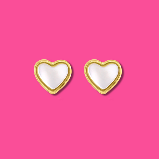 Yellow Gold plated earrings with a heart shaped mother-of-pearl pendant. Wedding and bridal jewelry. Great gift fro brides, bridesmaid and maid of honor made by Born to Rock . Jewelry store based in San Diego California