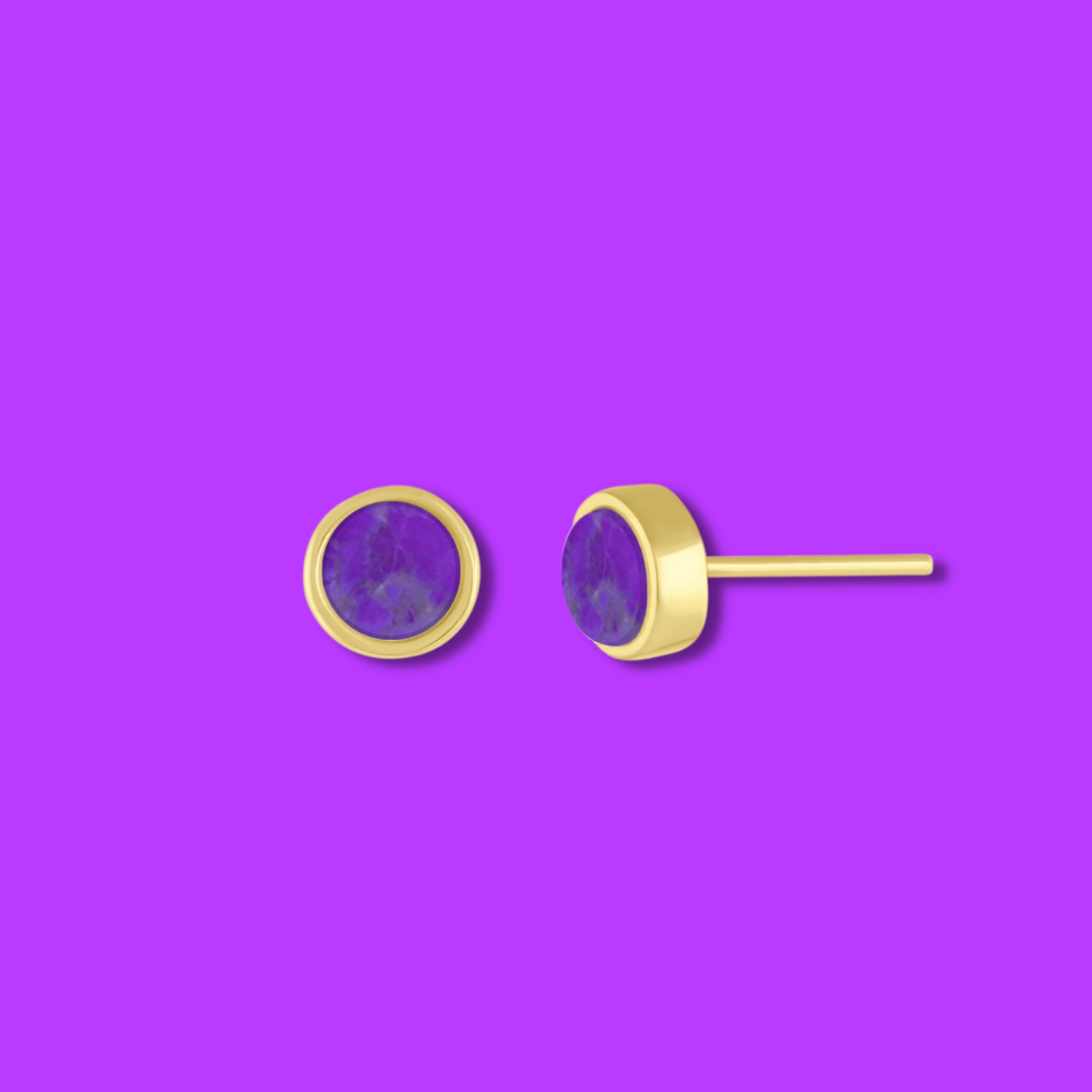 5mm Yellow Gold Plated Round Stud Earrings in Purple Violet Howlite Natural Gemstone made By Born To Rock. Online Jewelry Store Based in San Diego California