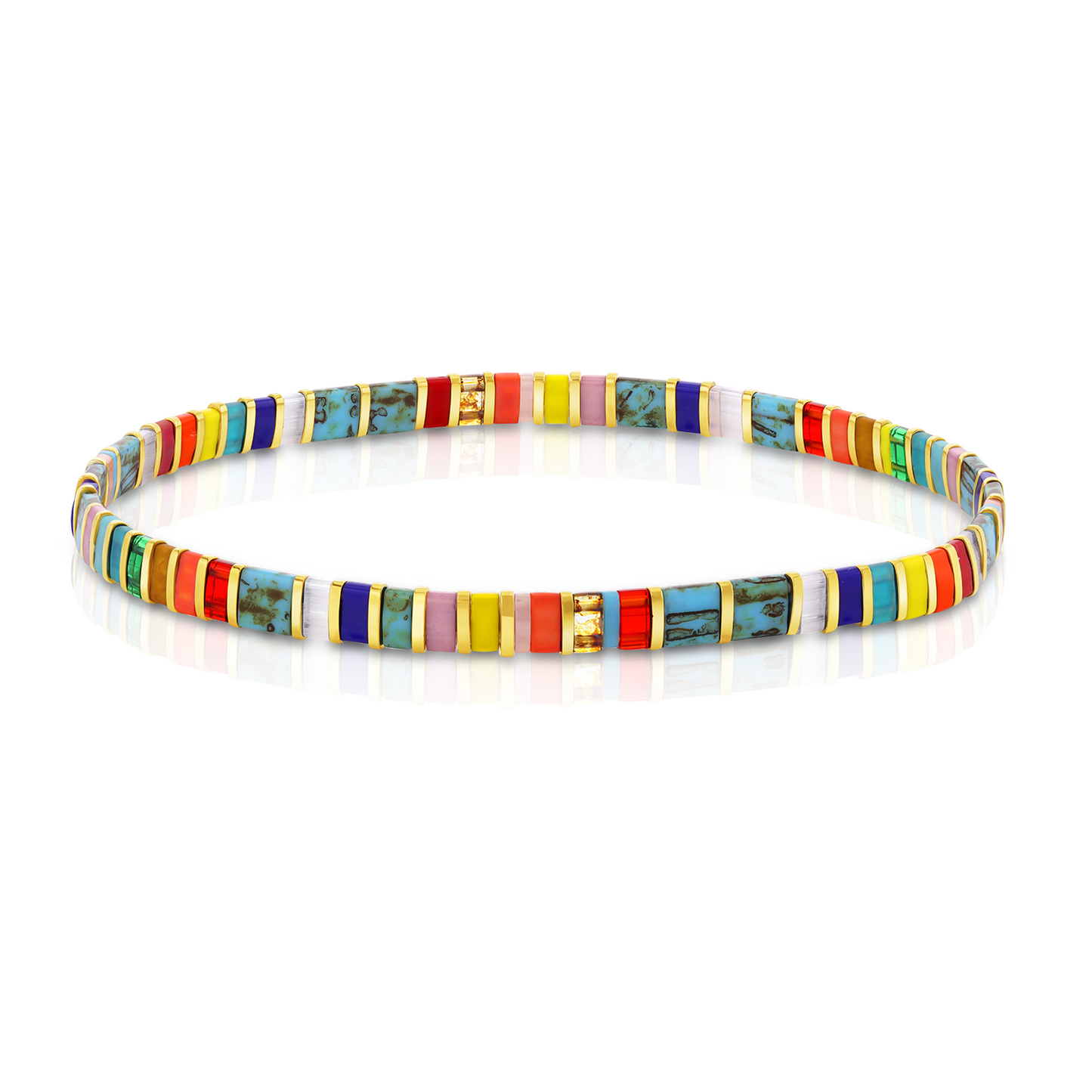 Colored tila beads stretch handmade ankle bracelets made by Born to Rock Jewelry. Surf and sports inspired jewelry brand. A family-owned business that rocks! Based in San Diego California.
