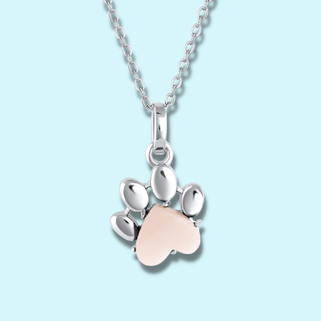 Pet Paw Charm Necklace in Mother-of-pearl. Best gift for pet moms and pet lovers. Made by Born to Rock Jewelry