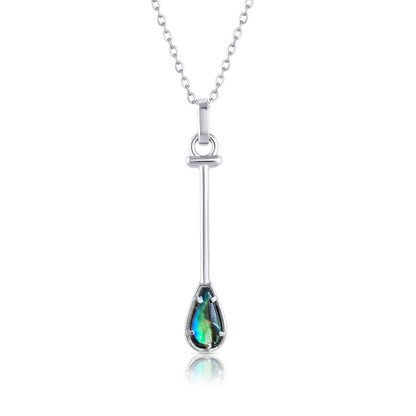 Sterling Silver Hawaiian Outrigger Canoe Paddle Charm Necklace in Abalone Shell Natural Gemstone. Made by Born to Rock Jewelry Store based in San Diego California. Paddling jewelry