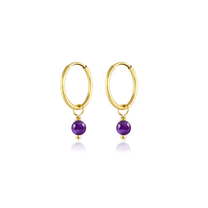 BORN TO ROCK® Jewelry | Gold Plated Amethyst Charm Hoop Earrings | Discover our beautiful collection of hoop earrings at borntorockjewelry.com.  Shop Sterling silver or gold plated hoop earrings, earrings with natural gemstones beads, charm hoops and stud earrings. A personalized gift idea for every mom, grandma, bride, bridesmaid, daughter, wife, mother-in-law & loved one. 