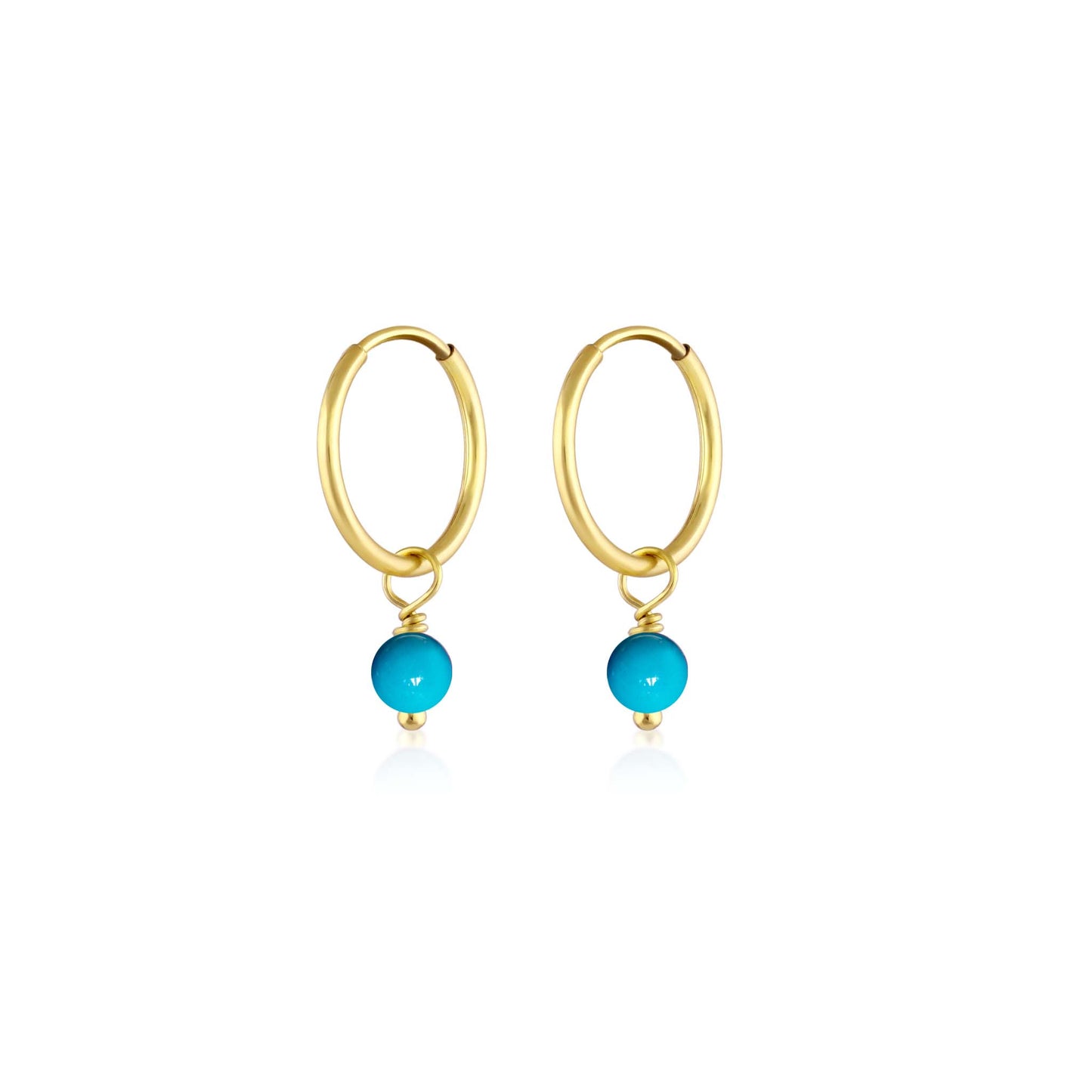 BORN TO ROCK® Jewelry | 14Kt Yellow Gold Filled Turquoise Charm Hoop Earrings | Discover our beautiful collection of hoop earrings at borntorockjewelry.com.  Shop Sterling silver or gold plated hoop earrings, earrings with natural gemstones beads, charm hoops and stud earrings. A personalized gift idea for every mom, grandma, bride, bridesmaid, daughter, wife, mother-in-law & loved one. 