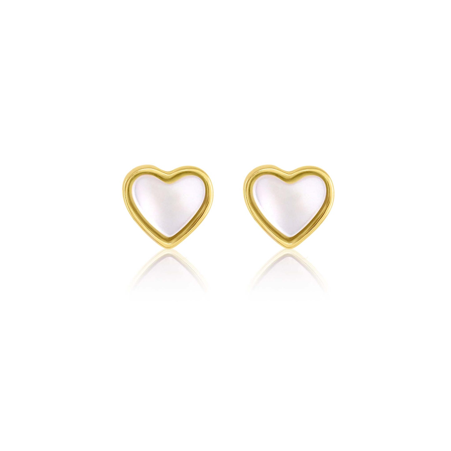 Yellow Gold plated earrings with a heart shaped mother-of-pearl pendant. Wedding and bridal jewelry. Great gift fro brides, bridesmaid and maid of honor made by Born to Rock . Jewelry store based in San Diego California