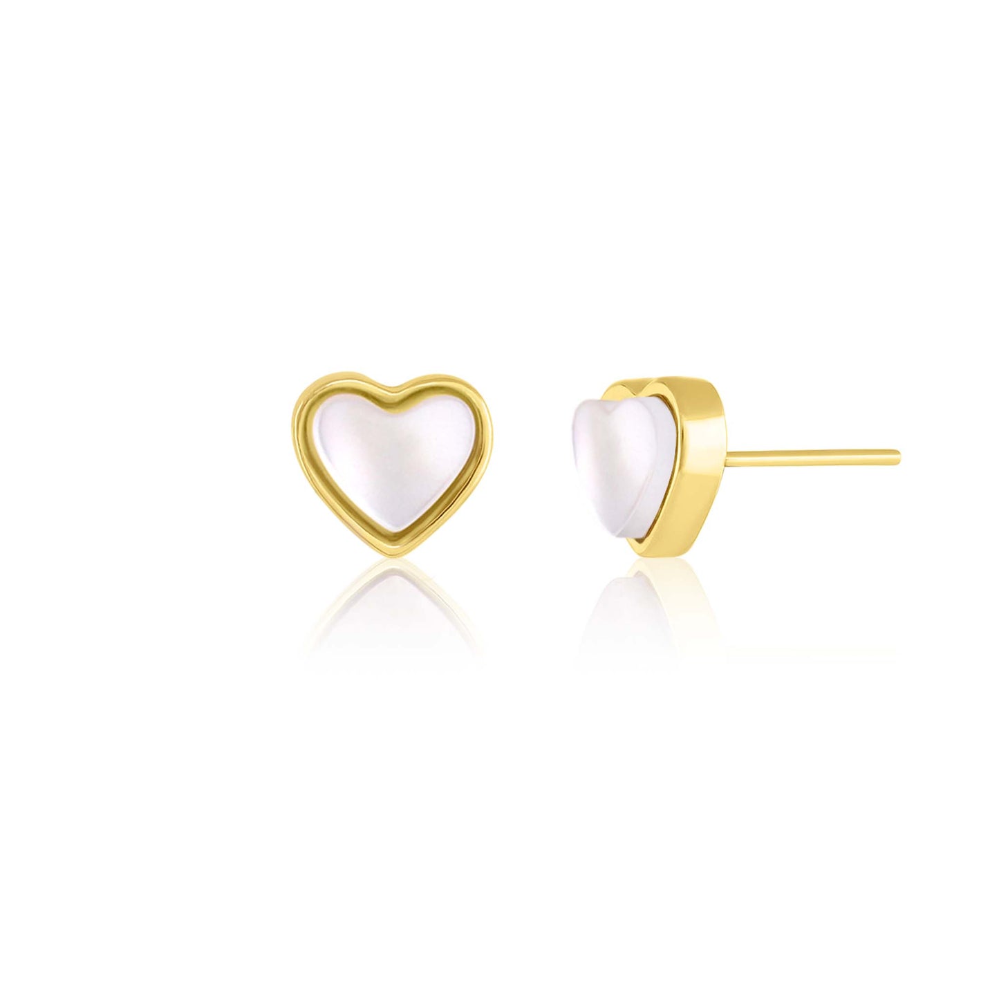 Yellow Gold plated earrings with a heart shaped mother-of-pearl pendant. Wedding and bridal jewelry. Great gift fro brides, bridesmaid and maid of honor made by Born to Rock . Jewelry store based in San Diego California