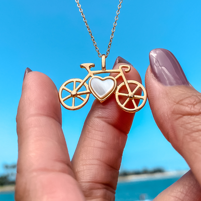 Bike Pendant Necklace in Silver Plated with a heart shaped Mother-of-Pearl Gemstone made by Born to Rock Jewelry | Great gift for bikers