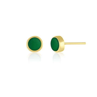 5mm Round Stud Yellow Gold Plated Earrings in Green Agate Natural Gemstone Made by Born to Rock. Online jewelry store Based in San Diego California