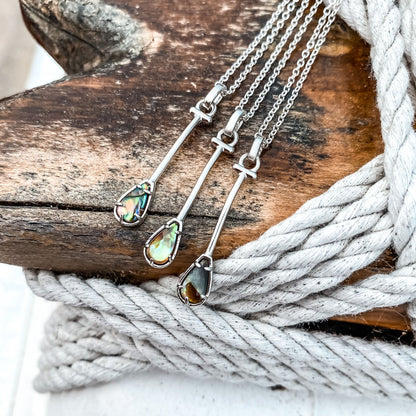 Sterling Silver Hawaiian Outrigger Canoe Paddle Charm Necklace in Abalone Shell Natural Gemstone. Made by Born to Rock Jewelry Store based in San Diego California. Paddling jewelry