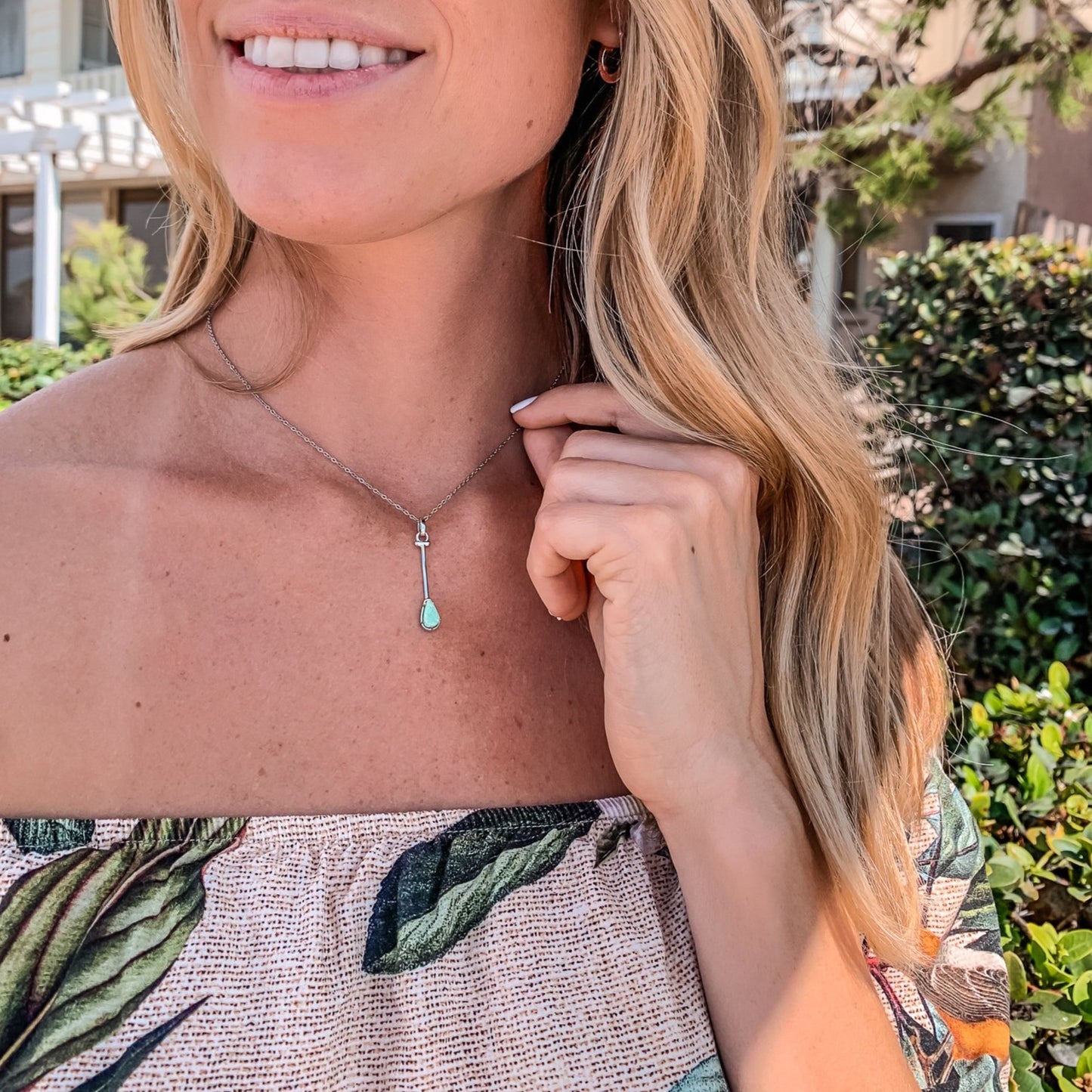 Paddler Jewelry inspired by Hawaiian Outrigger Canoe Paddle Charm Necklace in Green Aqua Amazonite Natural Gemstone. Made by Born to Rock Jewelry Store based in San Diego California. Paddling jewelry