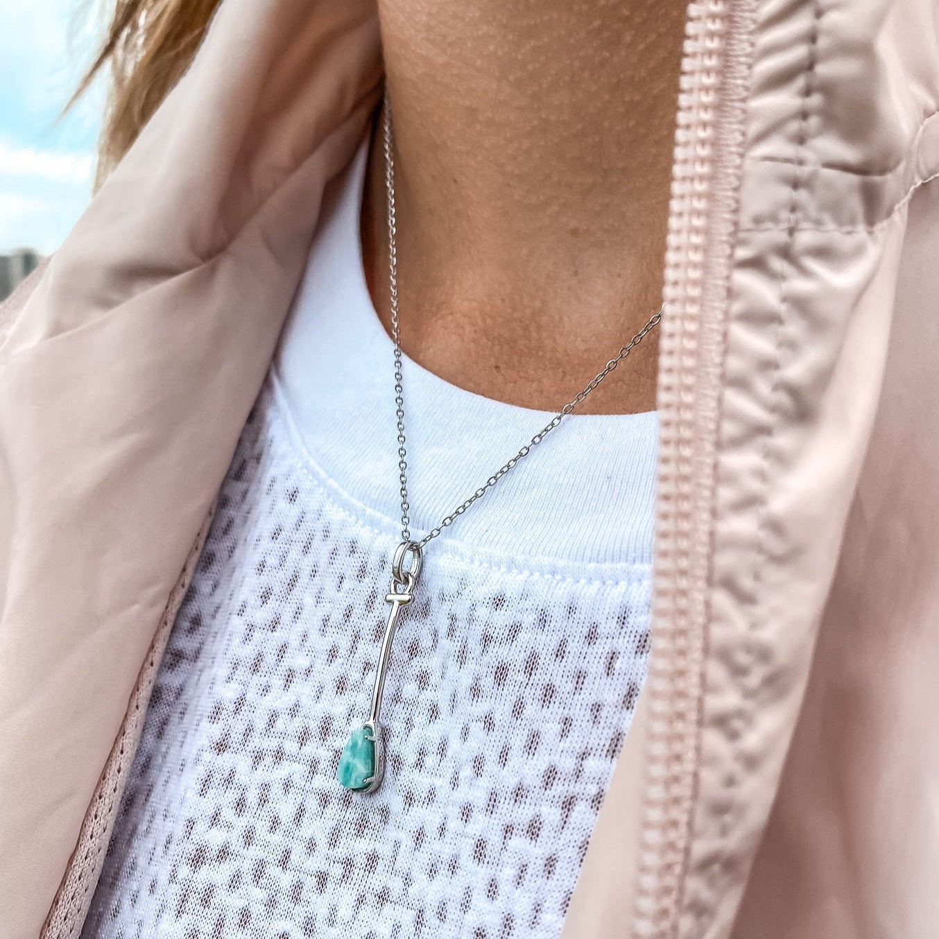 Paddler Jewelry inspired by Hawaiian Outrigger Canoe Paddle Charm Necklace in Green Aqua Amazonite Natural Gemstone. Made by Born to Rock Jewelry Store based in San Diego California. Paddling jewelry