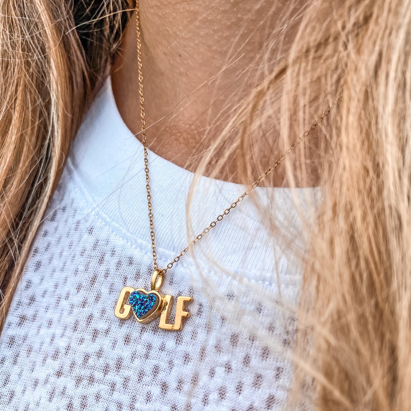 Yellow Gold plated Golf necklace with a heart shaped natural quartz druzy teal colored gemstone  made by Born to Rock Jewelry