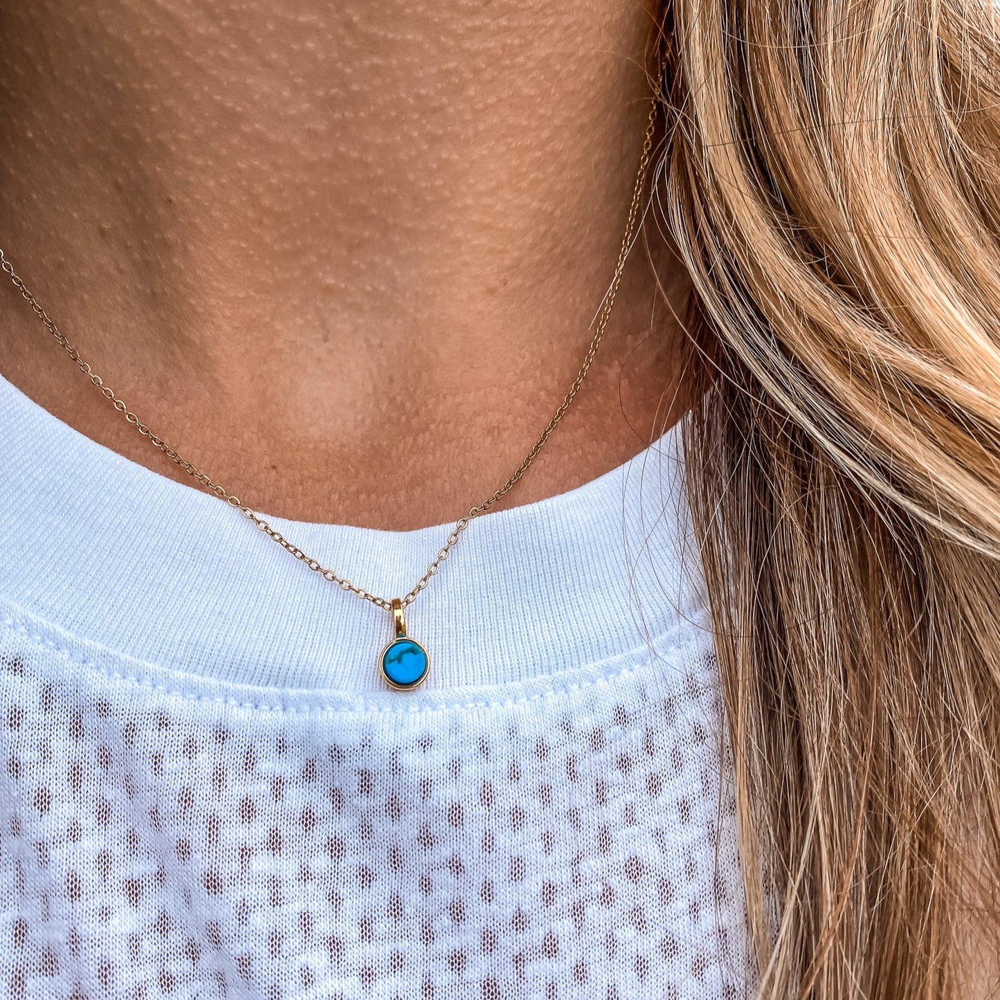 5mm Round Charm Yellow Gold plated Necklace in blue turquoise Round Natural Howlite Gemstone made by Born to Rock Jewelry