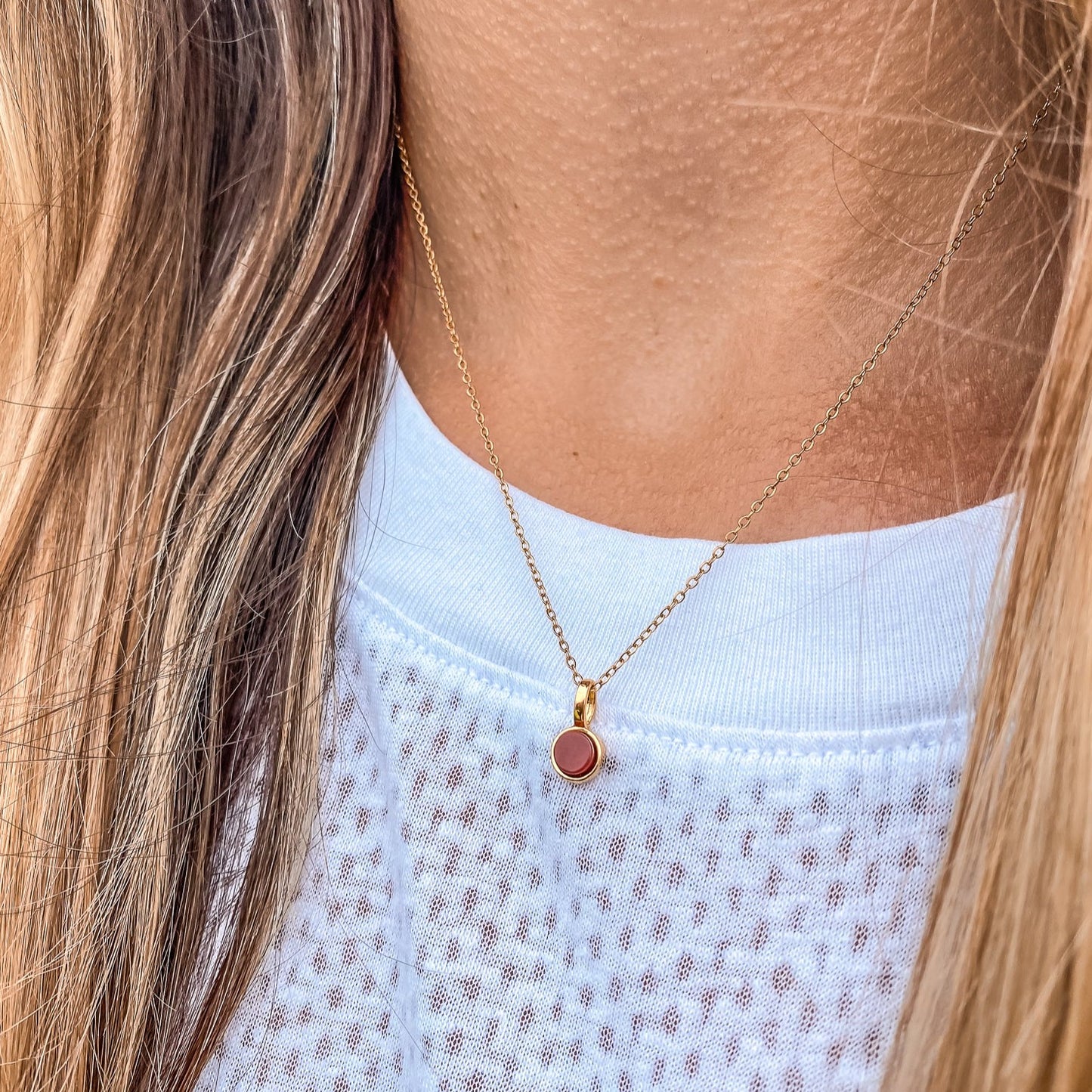 5mm Round Charm Yellow Gold plated Necklace in Red Round Natural Dolomite Gemstone made by Born to Rock Jewelry