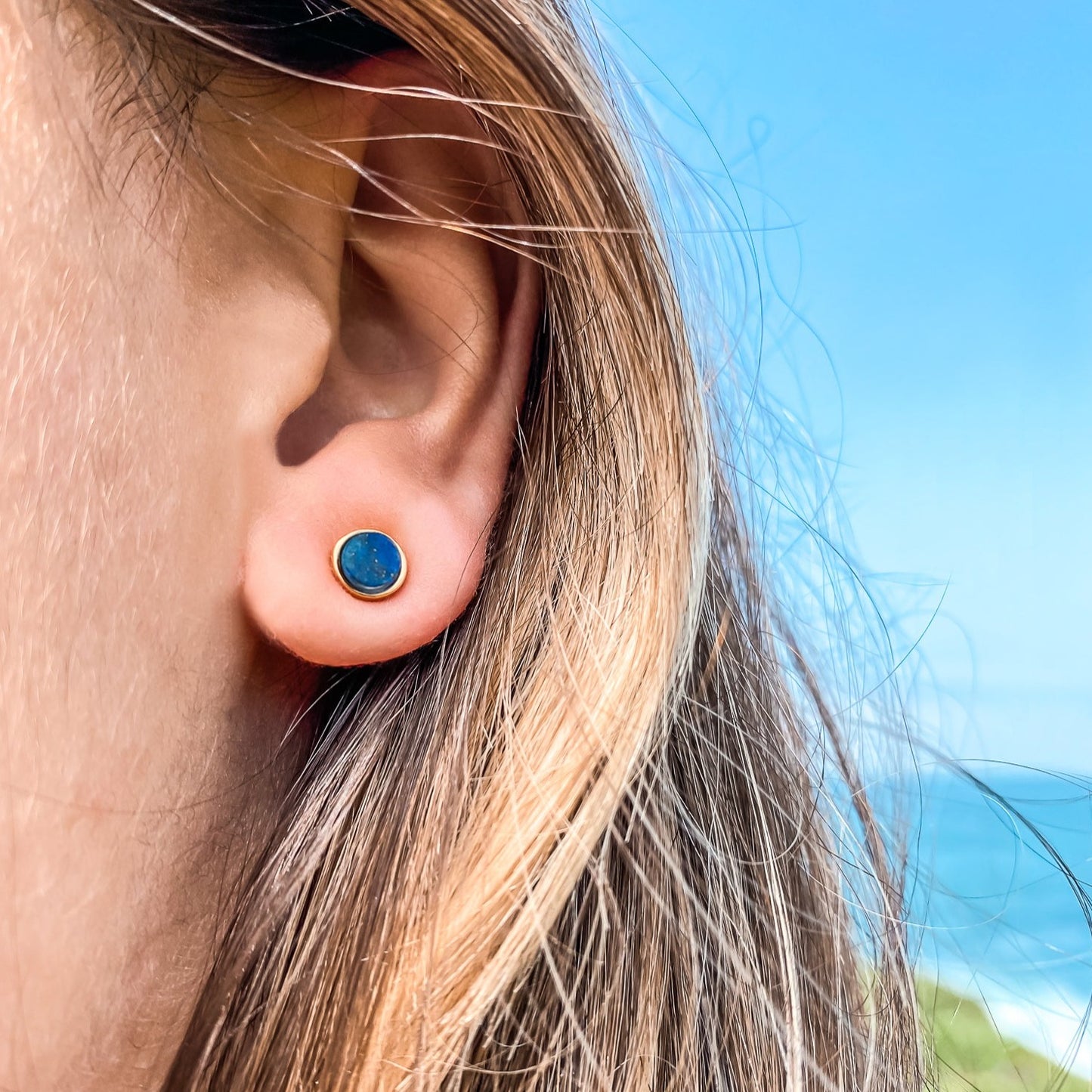 5mm Yellow Gold Plated Round Stud Earrings in Royal Blue Lapis Lazuli Gemstone made By Born To Rock. Online Jewelry store Based in San Diego California