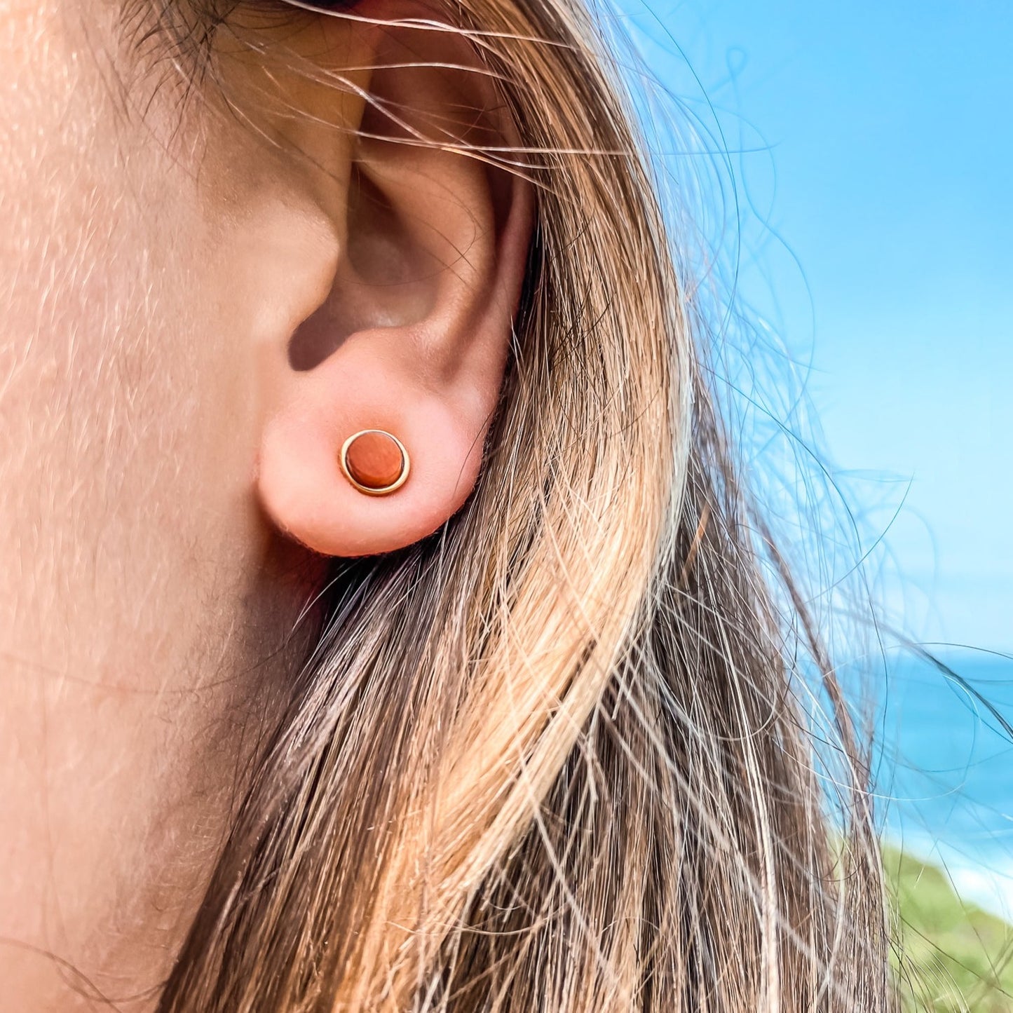 5mm Round Stud Yellow Gold Plated Earrings in Orange Dyed Feldspar Natural Gemstone Made by Born to Rock. Online Jewelry Based in San Diego California