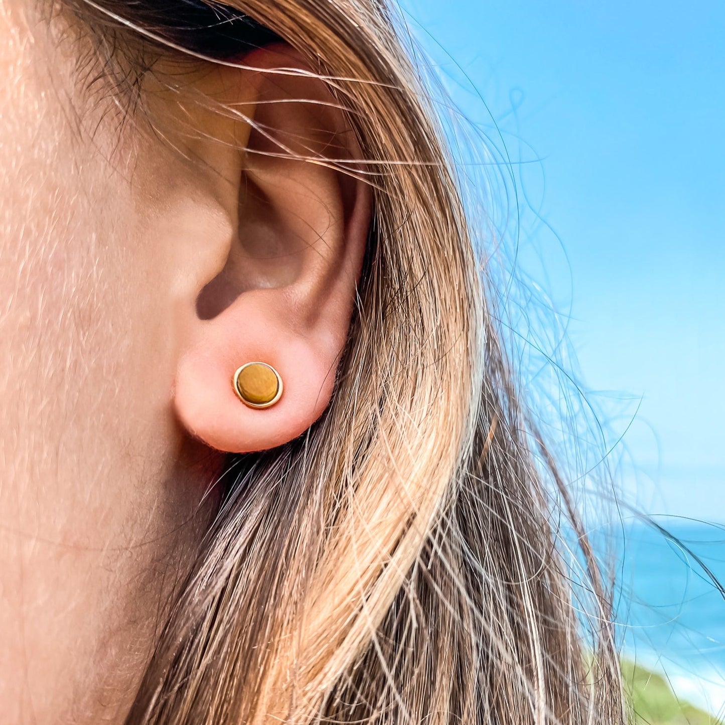5mm Round Stud Yellow Gold Plated Earrings in Yellow Dyed Feldspar Natural Gemstone Made by Born to Rock. Online Jewelry Based in San Diego California