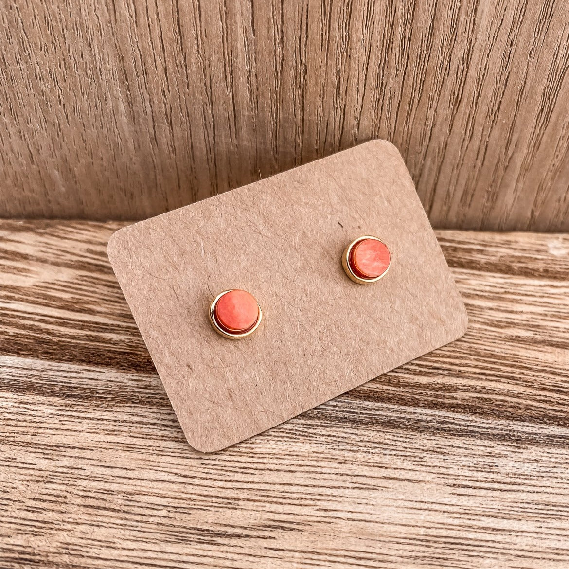 5mm Round Stud Yellow Gold Plated Earrings in Orange Dyed Feldspar Natural Gemstone Made by Born to Rock. Online Jewelry Based in San Diego California