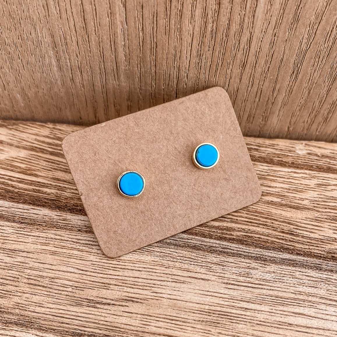 5mm Yellow Gold Plated Round Stud Earrings in Round Blue Turquoise Gemstone made By Born To Rock. Online Jewelry Store Based in San Diego California