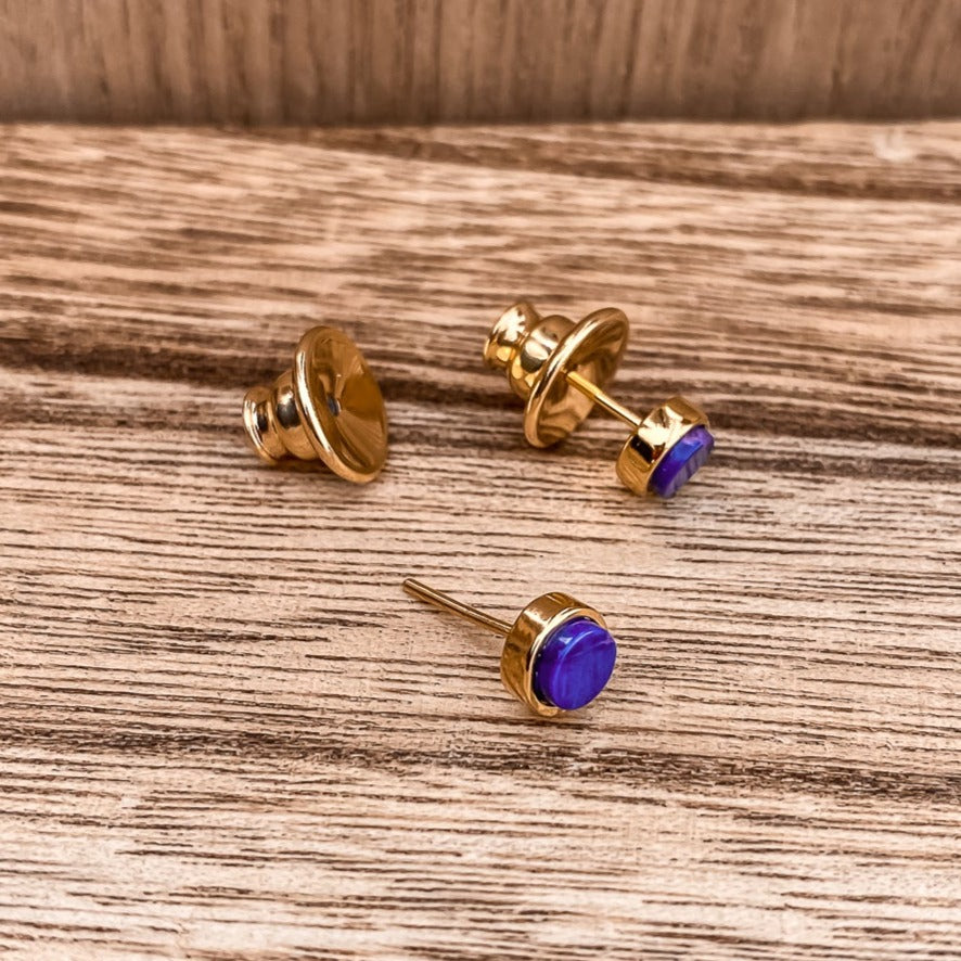 5mm Yellow Gold Plated Round Stud Earrings in Purple Violet Howlite Natural Gemstone made By Born To Rock. Online Jewelry Store Based in San Diego California