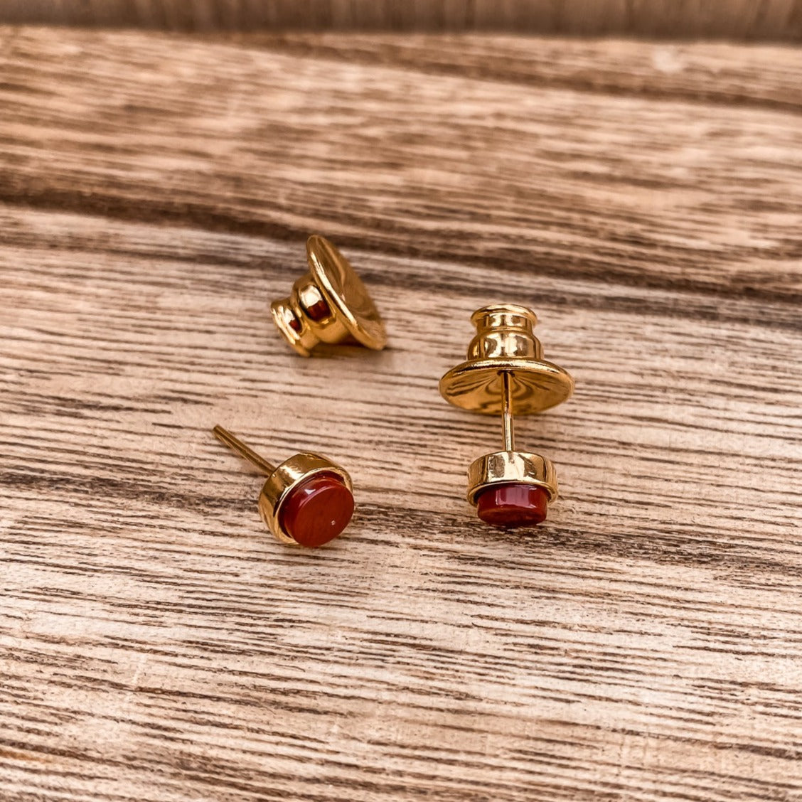 5mm Round Stud Yellow Gold Plated Earrings in Round Red Dyed Dolomite Natural Gemstone Made by Born to Rock. Online Jewelry Store Based in San Diego California