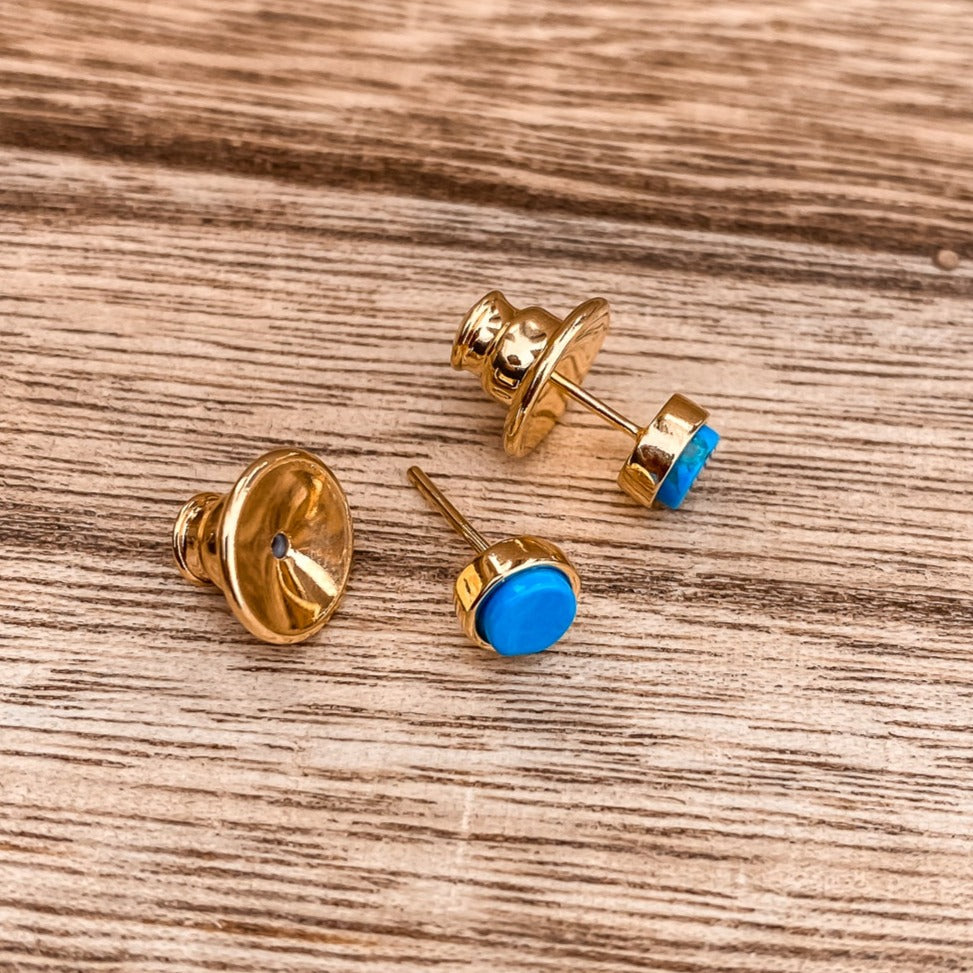 5mm Yellow Gold Plated Round Stud Earrings in Round Blue Turquoise Gemstone made By Born To Rock. Online Jewelry Store Based in San Diego California