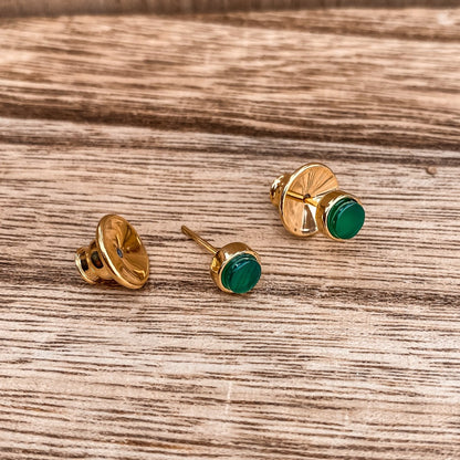 5mm Round Stud Yellow Gold Plated Earrings in Green Agate Natural Gemstone Made by Born to Rock. Online jewelry store Based in San Diego California