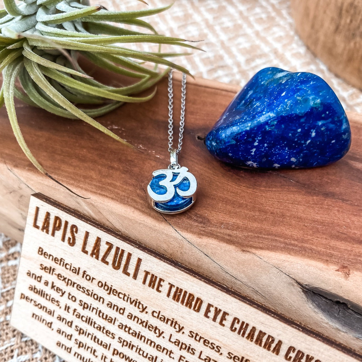 Silver Om Yoga charm necklace in Lapis lazuli