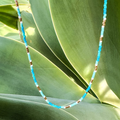 Handmade beaded necklace, adjustable necklace made with colored beads, layered necklaces, surf jewelry made by Born to Rock Jewelry, Family owned sports inspired and lifestyle jewelry brand based in San Diego, California