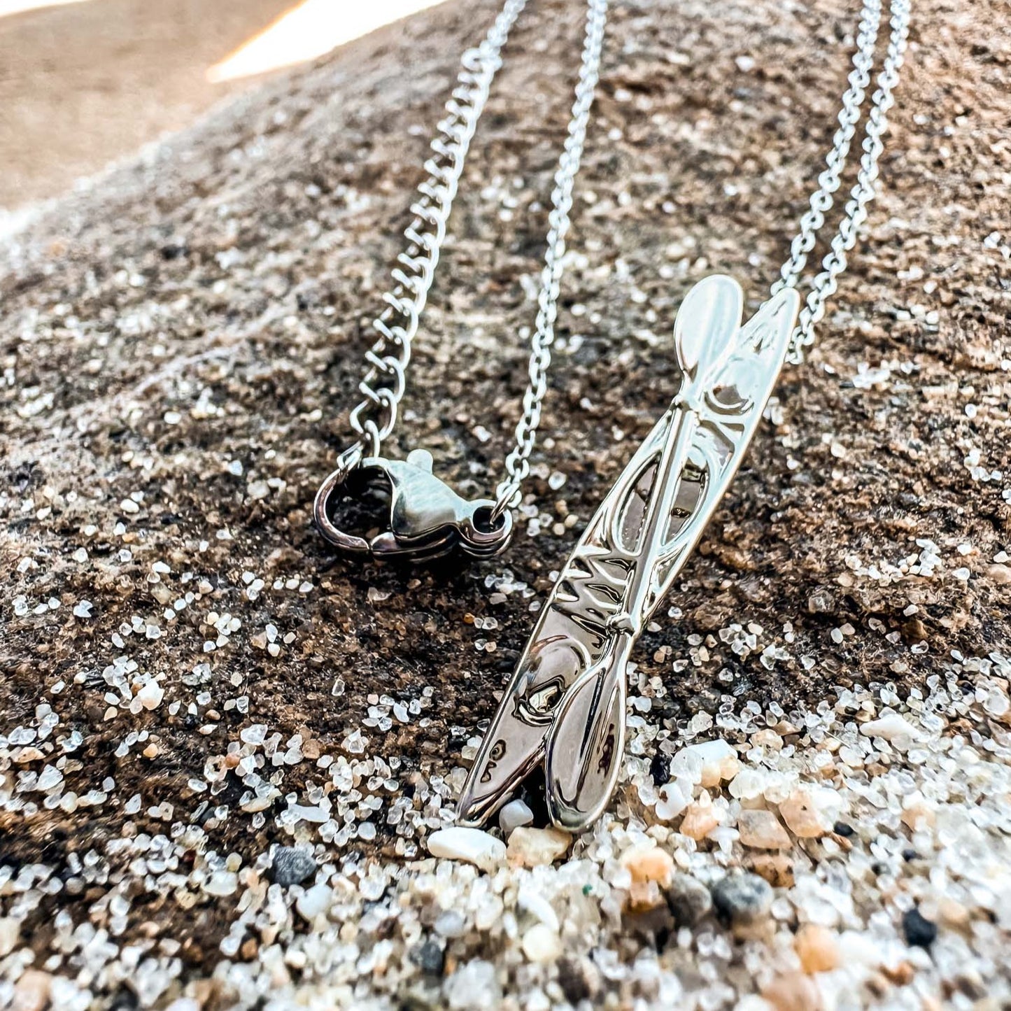 Silver Kayak Pendant Necklace made by Born to Rock Jewelry. Based in San Diego, California. Kayak, kayaking, Beach, Ocean, Sports, Water Sports Accessories, Outdoor Adventure & Surf Shop.