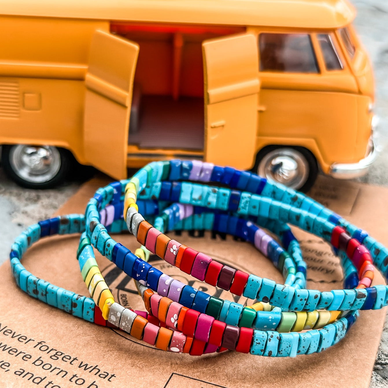 Colored tila beads stretch handmade bracelets made by Born to Rock Jewelry. Surf and sports inspired jewelry brand. A family-owned business that rocks! Based in San Diego California.
