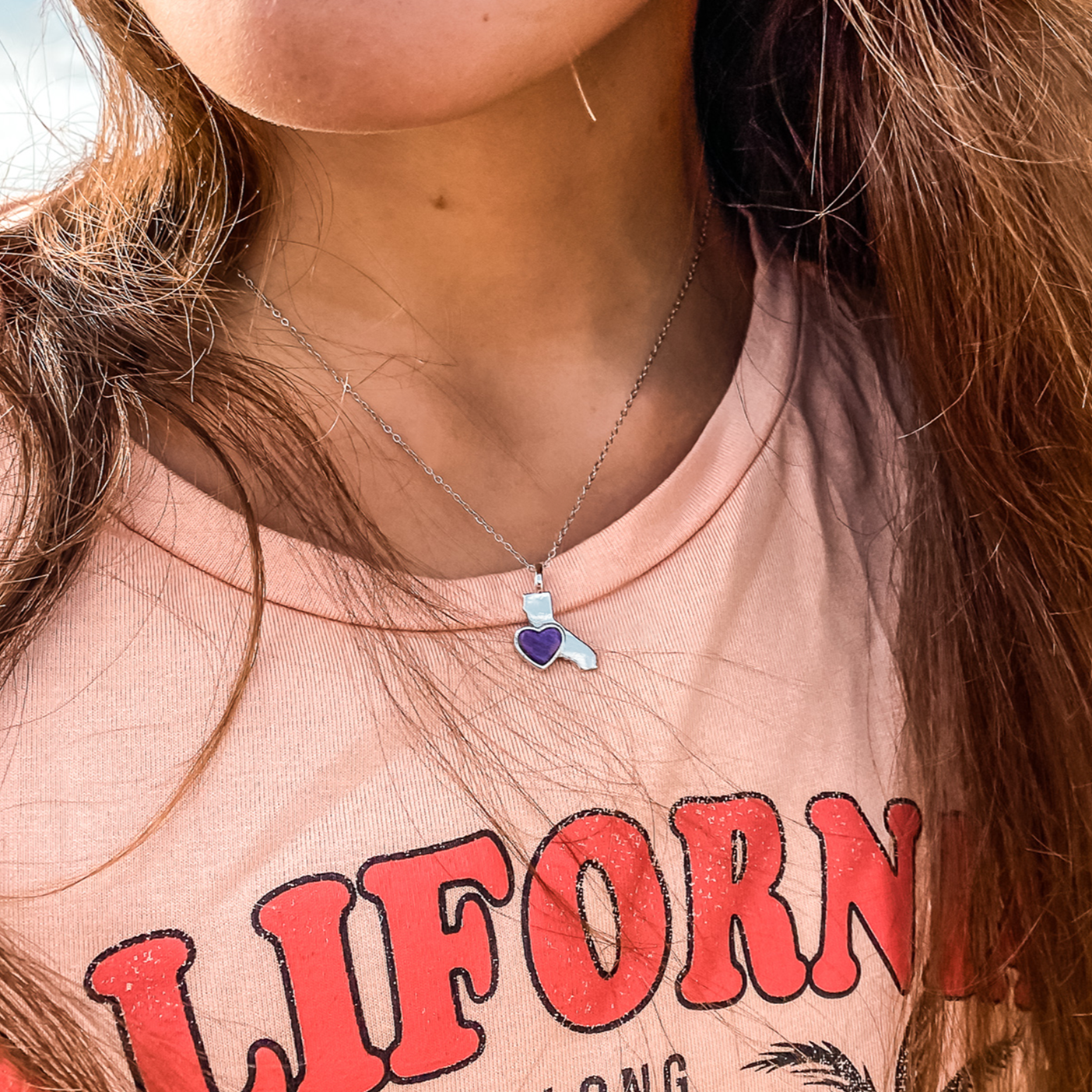 18Kt Yellow Gold Plated California State Pendant Necklace with a heart shaped Pink Howlite  natural gemstone  made by Born to Rock. Online Jewelry Store based in San Diego California