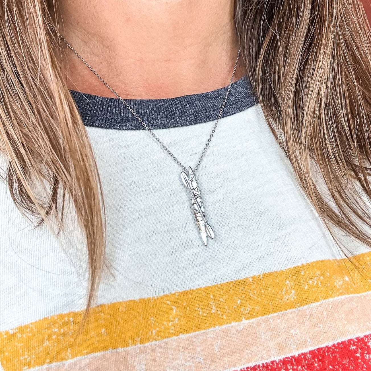 Silver Kayak Pendant Necklace made by Born to Rock Jewelry. Based in San Diego, California. Kayak, kayaking, Beach, Ocean, Sports, Water Sports Accessories, Outdoor Adventure & Surf Shop.