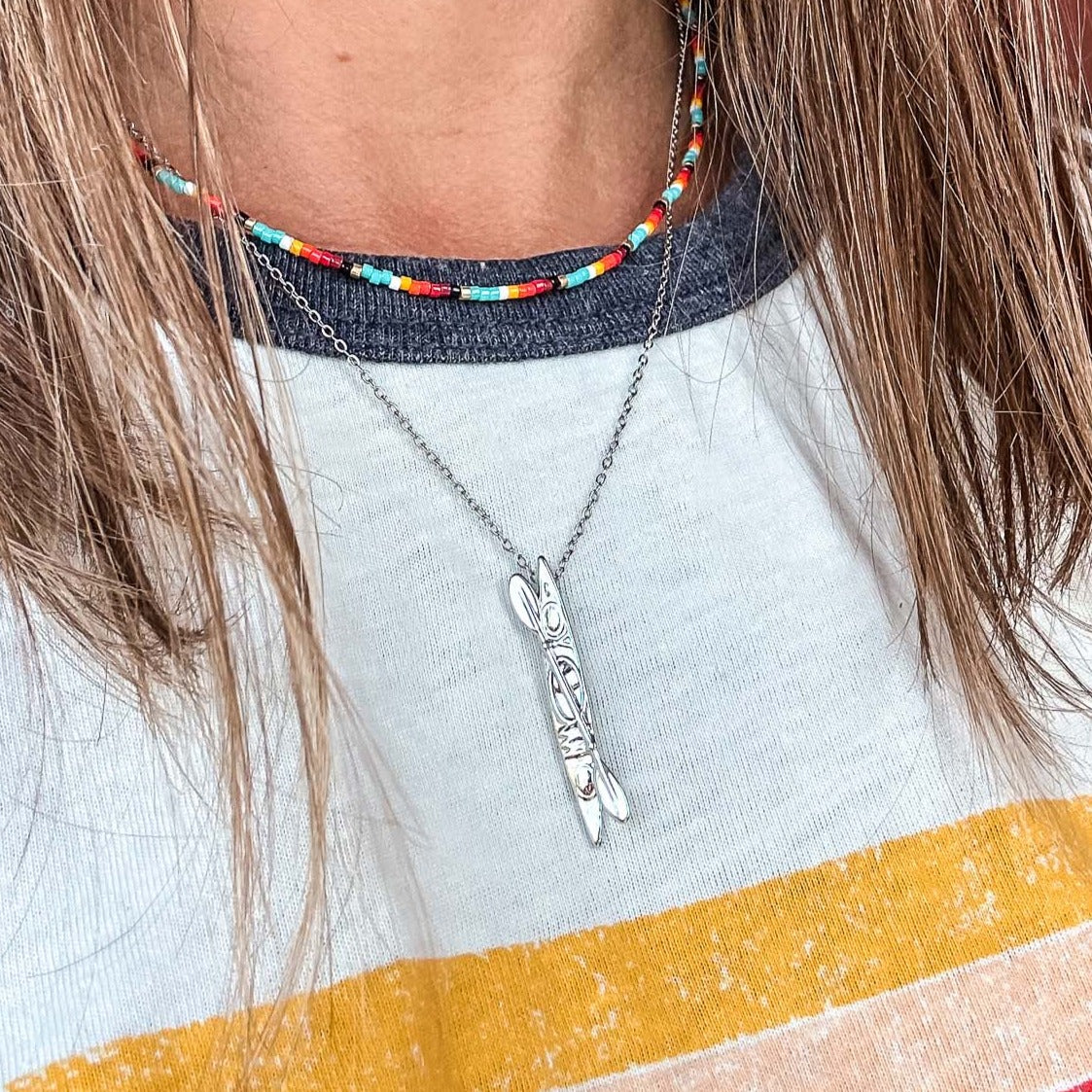 Silver Kayak Pendant Necklace made by Born to Rock Jewelry. Based in San Diego, California. Kayak, kayaking, Beach, Ocean, Sports, Water Sports Accessories, Outdoor Adventure & Surf Shop.