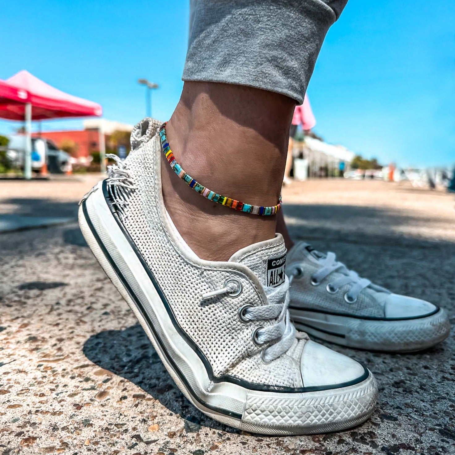 Tila beads ankle bracelets. Handmade colorful beaded anklet made by Born to Rock Jewelry. Family-owned surf jewelry based in San Diego, California.