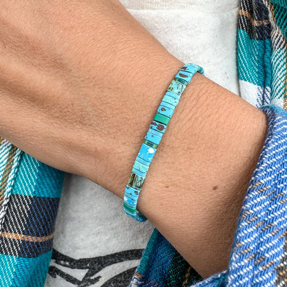 Colored tila beads stretch handmade bracelets made by Born to Rock Jewelry. Surf and sports inspired jewelry brand. A family-owned business that rocks! Based in San Diego California.
