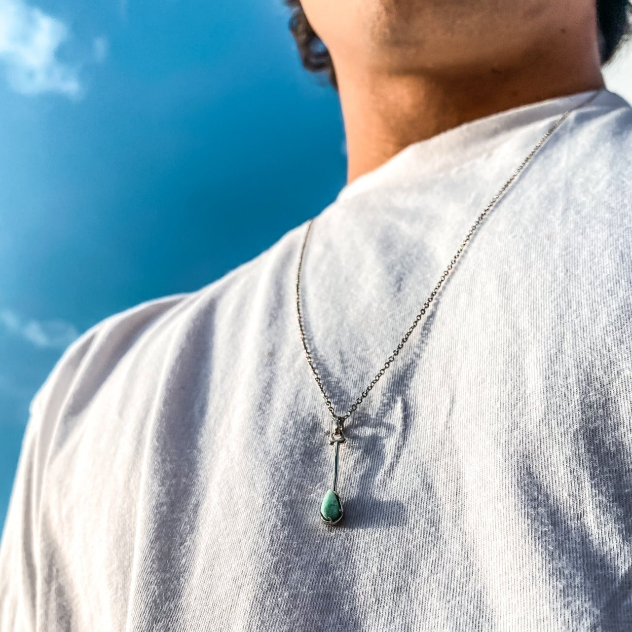 Paddler Jewelry inspired by Hawaiian Outrigger Canoe Paddle Charm Necklace in Green Aqua Amazonite Natural Gemstone. Made by Born to Rock Jewelry Store based in San Diego California. Paddling jewelry