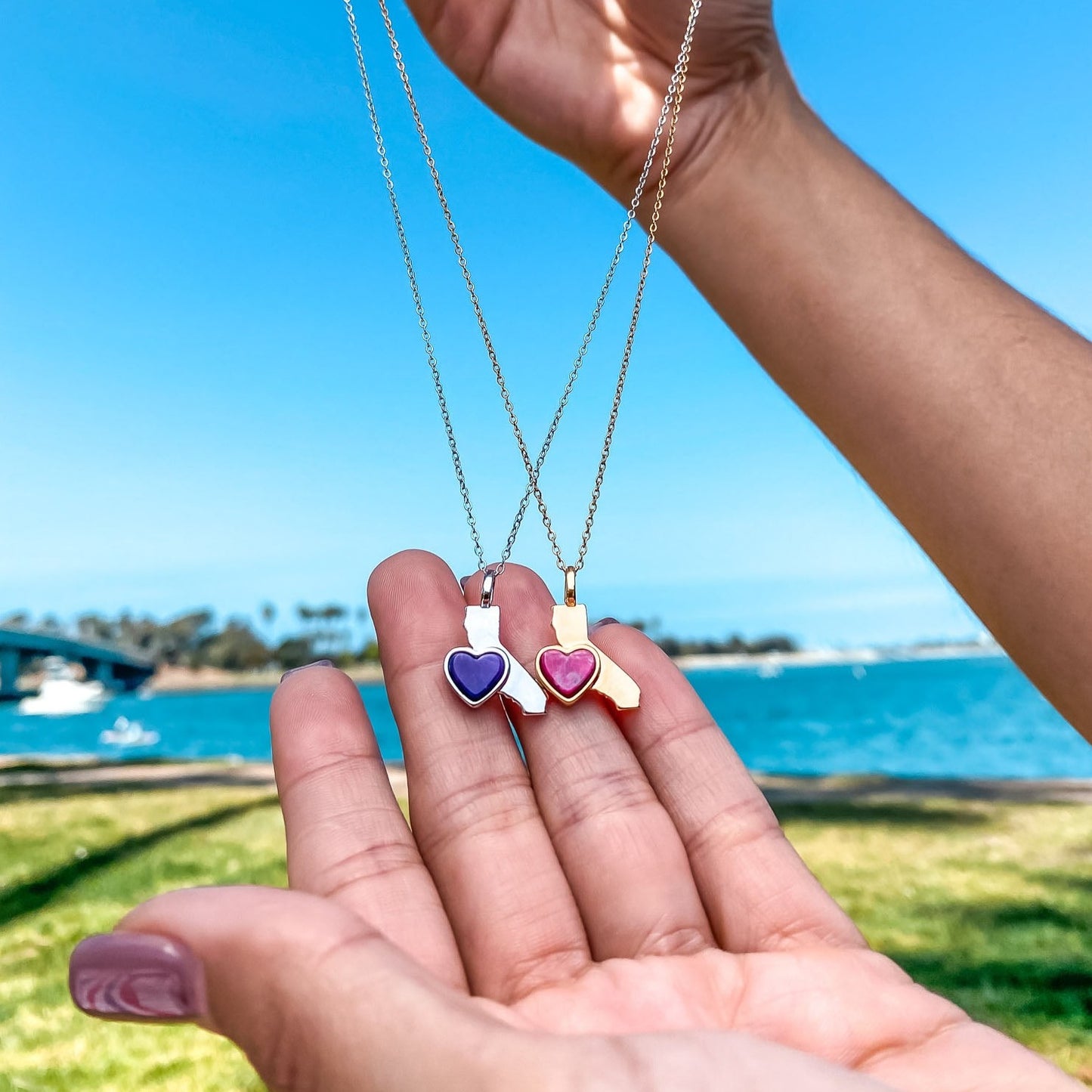 18Kt Yellow Gold Plated California State Pendant Necklace with a heart shaped Pink Howlite  natural gemstone  made by Born to Rock. Online Jewelry Store based in San Diego California