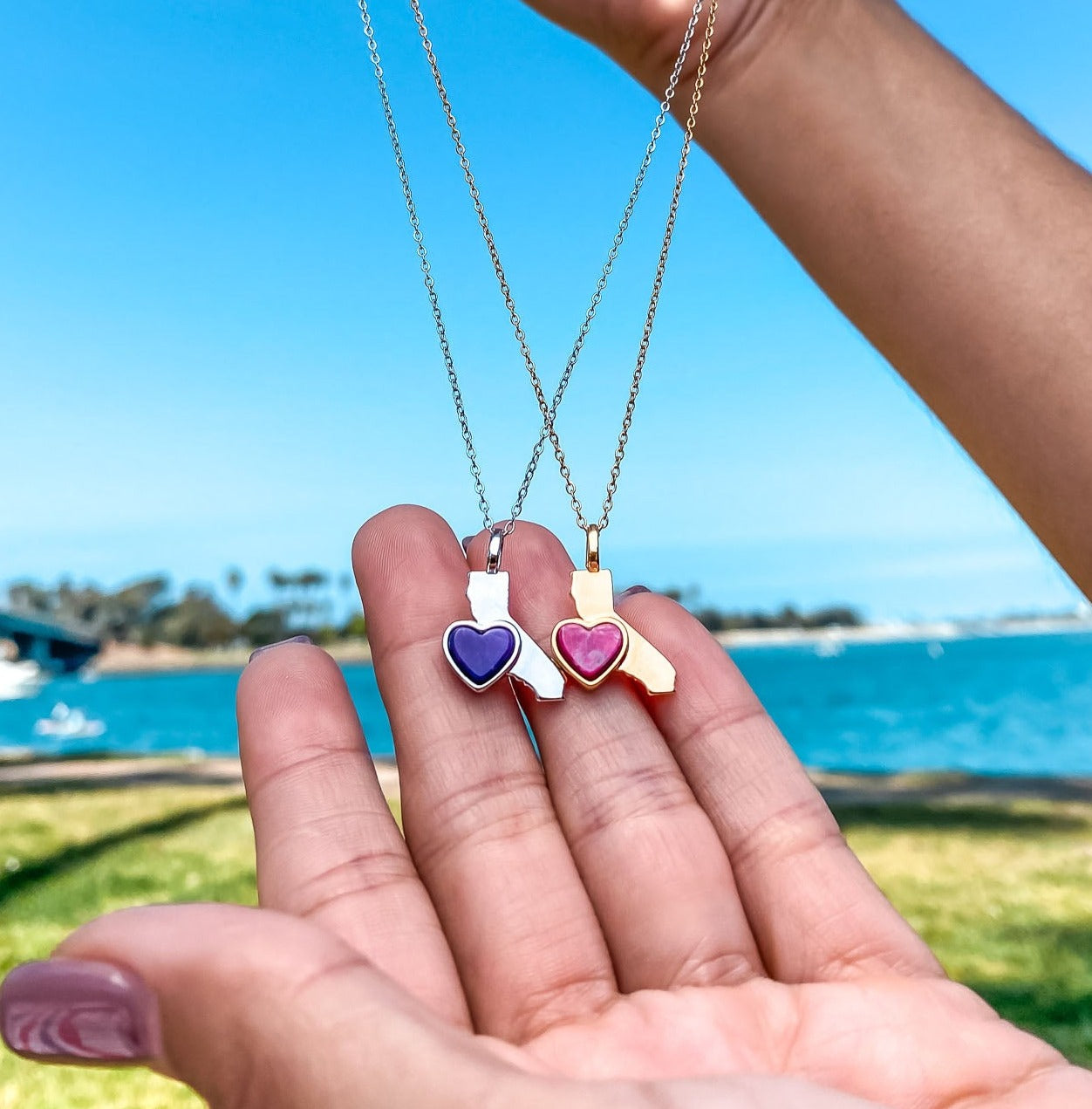 18Kt Yellow Gold Plated California State Pendant Necklace with a heart shaped Pink Howlite  natural gemstone  made by Born to Rock. Online Jewelry Store based in San Diego California