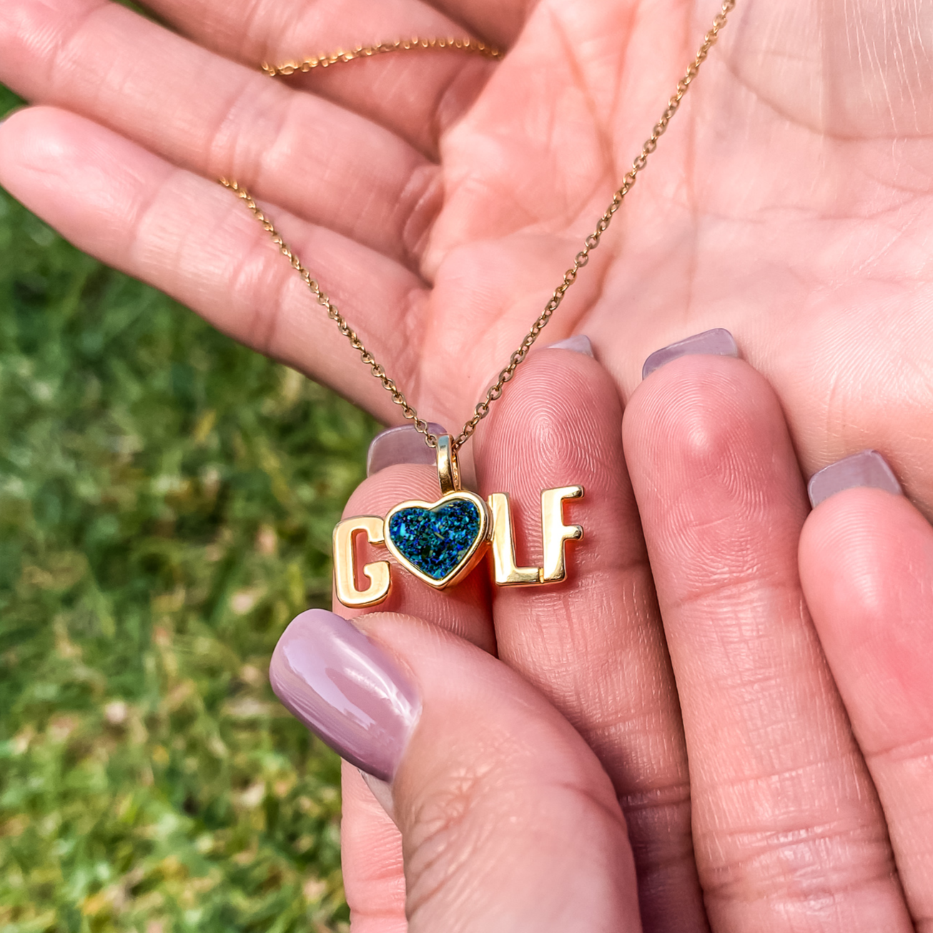 Yellow Gold plated Golf necklace with a heart shaped natural quartz druzy teal colored gemstone  made by Born to Rock Jewelry