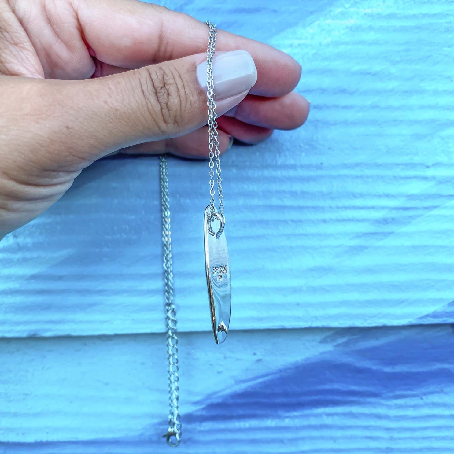 SILVER LONGBOARD SURFBOARD NECKLACE MADE BY BORN TO ROCK JEWELRY